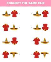 Lernspiel für Kinder Verbinden Sie das gleiche Bild von niedlichen Cartoon-Sombrero-Hut und Poloshirt-Paar druckbares Arbeitsblatt für tragbare Kleidung vektor