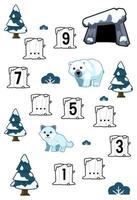 utbildning spel för komplett de sekvens av siffra med söt tecknad serie arktisk räv polär Björn och håla bild tryckbar vinter- kalkylblad vektor
