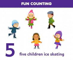 Lernspiel für Kinder Spaß beim Zählen von fünf Kindern Eislaufen Druckbares Winterarbeitsblatt vektor