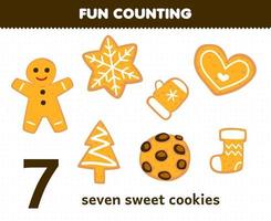 Lernspiel für Kinder Spaß beim Zählen von sieben süßen Keksen Druckbares Winterarbeitsblatt vektor