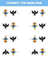 Bildungsspiel für Kinder Verbinden Sie das gleiche Bild der niedlichen Cartoon-Vogelscheuche und des Krähenpaares zum Ausdrucken des Farm-Arbeitsblatts vektor