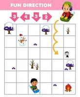Lernspiel für Kinder Spaß Richtung Helfen Sie dem Kind beim Schlittenfahren, sich entsprechend den Zahlen auf den Pfeilen zu bewegen Winterarbeitsblatt zum Ausdrucken vektor