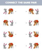 Bildungsspiel für Kinder Verbinden Sie das gleiche Bild des niedlichen Cartoon-Kaninchen- und Stallpaares zum Ausdrucken des Farmarbeitsblatts vektor