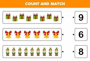 utbildning spel för barn räkna de siffra av söt tecknad serie gåva låda klocka gnome och match med de rätt tal tryckbar vinter- kalkylblad vektor