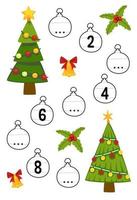 Lernspiel zum Vervollständigen der Zahlenfolge mit niedlichem Cartoon-Weihnachtsbaumbild zum ausdrucken Winterarbeitsblatt vektor