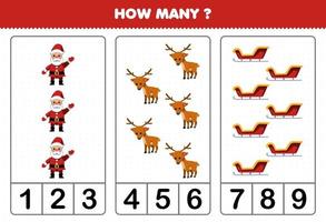 Lernspiel für Kinder, die zählen, wie viele niedliche Cartoon-Weihnachtshirschschlitten druckbares Winterarbeitsblatt vektor