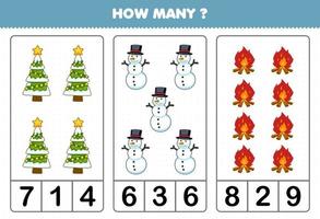 Bildungsspiel für Kinder, die zählen, wie viele niedliche Cartoon-Weihnachtsbaum-Schneemann-Lagerfeuer druckbares Winterarbeitsblatt sind vektor