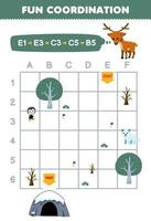 Lernspiel für Kinder Zeichnen Sie den Weg nach den Koordinaten, um dem Hirsch zu helfen, sich zu dem druckbaren Winterarbeitsblatt zu bewegen vektor