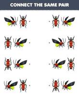 utbildning spel för barn ansluta de samma bild av söt tecknad serie eldfluga och skalbagge par tryckbar insekt kalkylblad vektor