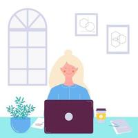 Frau arbeitet aus der Ferne, im Büro, zu Hause. das Konzept der Online-Arbeit. vektor