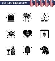 Packung mit 9 kreativen USA-Unabhängigkeitstag-bezogenen soliden Glyphen der Liebe Polizeizeichen amerikanische Starmänner editierbare USA-Tag-Vektordesign-Elemente vektor