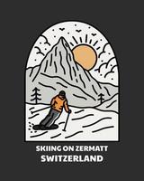 njut av åka skidor i zermatt matter schweiz i mono linje vektor för bricka, t-shirt, emblem design