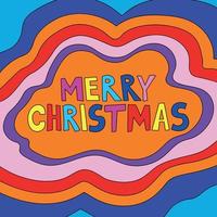 buntes, grooviges weihnachtsfestplakat mit abstrakten mehrfarbigen streifen. vektor handgezeichnete beschriftung - frohe weihnachten. groovige 1970er Retro-Vibes