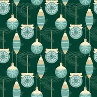 jul årgång sömlös mönster med glas bollar, klocka på en gran kvist. vektor illustration i platt retro stil