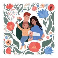 de familj kramar. far, mor, dotter och nyfödd bebis. värma söt modern illustration med blommor och löv. vektor