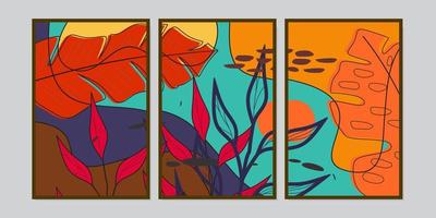 Reihe von botanischen Umriss-Wandkunstdesigns. abstrakter Gekritzelhintergrund. für Heimtextilien, Interieur, Räume, Decken. vektor