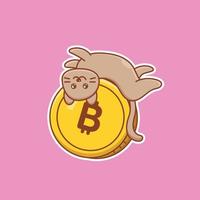 söt tecknad serie katt på bitcoin mynt i vektor illustration. djur- isolerat vektor. platt tecknad serie stil