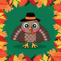 niedlicher Cartoon Thanksgiving-Truthahn. Rahmen aus bunten Blättern. vektor