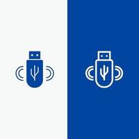 usb-freigabe datenspeicherlinie und glyph festes symbol blaues banner vektor