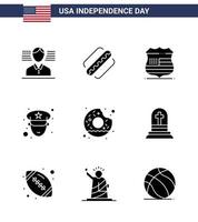 Happy Independence Day Pack mit 9 soliden Glyphen Zeichen und Symbolen für Lebensmittel Runde Zeichen Donut Officer editierbare Usa Day Vektor Design Elemente