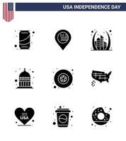 glücklicher unabhängigkeitstag usa paket mit 9 kreativen soliden glyphen des abzeichens statehouse arch indianapolis usa editierbare usa day vektordesignelemente vektor