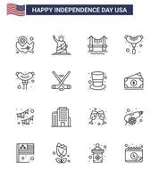 uppsättning av 16 USA dag ikoner amerikan symboler oberoende dag tecken för hokey frankfurter staty mat stad redigerbar USA dag vektor design element