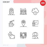 Piktogrammsatz mit 9 einfachen Umrissen von Konferenzkartendatenstandort Holz editierbare Vektordesign-Elemente vektor