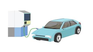 perspektiven elektrofahrzeug auto aufladen parken an der ladestation mit steckkabel. Aufladen neben dem Auto zur Batterie. isolierte flache Vektorillustration auf weißem Hintergrund. vektor