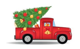 söt röd retro bil med jul träd på de tak. glad jul text för hälsning kort, vykort, affisch, baner, inbjudan design. vektor illustration