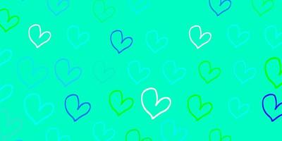 ljusblå, grön vektorbakgrund med söta hjärtan. vektor