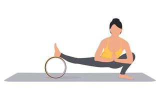 ung flicka demonstrera halv knäböj utgör. flexibel kvinna håller på med ardha malasana. höft öppnare övning med yoga hjul. vektor illustration