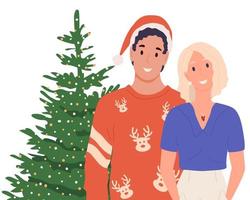 Lycklig par på jul Semester, skicka grattis i främre av de jul träd. Lycklig man i santa hatt och kvinna på Hem. vektor illustration isolerat på de vit bakgrund