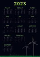 Wandkalender-Designvorlage für alternative Energiequellen für das Jahr 2023. bearbeitbare Einzelseite 12 Monate leer. Woche beginnt am Sonntag. individuelles Poster für das ganze Jahr, bereit zum Drucken vektor