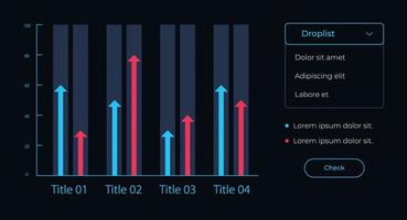 datenvergleichstabelle ui-elementvorlage. bearbeitbare isolierte Vektor-Dashboard-Komponente. flache Benutzeroberfläche. visuelle Datenpräsentation. Webdesign-Widget für mobile Anwendung mit dunklem Thema vektor