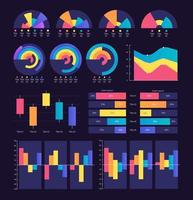 finansiell information analys infographic Diagram design mall uppsättning för mörk tema. visuell data presentation. redigerbar bar grafer och cirkulär diagram samling vektor