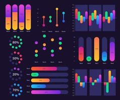 professionelle Infoanalyse-Infografik-Diagrammdesign-Vorlage für dunkles Thema. visuelle Datenpräsentation. Sammlung von Balkendiagrammen und Kreisdiagrammen vektor