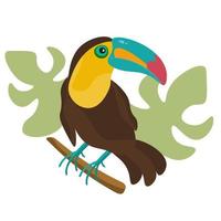 ljus färgad papegoja och tropisk löv. kakadua papegoja i de tropikerna. exotisk fåglar. flerfärgad sommar fågel. vektor