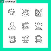 Packung mit 9 Linienstil-Icon-Sets. Gliederungssymbole für den Druck. kreative zeichen lokalisiert auf weißem hintergrund. 9 Symbolsatz. vektor