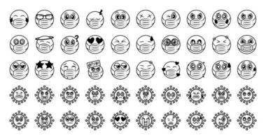 emoticon med ansiktsmask och coronavirus ikonuppsättning vektor