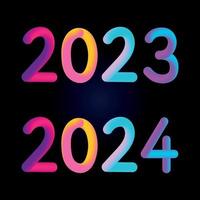 frohes neues jahr 2023 2024 zukunft metaverse neontext neon mit metalleffekt, zahlen und futurismuslinien. vektorgrußkarte, banner, glückwunschplakat 3d-illustration. vektor