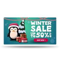 Winterschlussverkauf, grünes Rabattbanner mit Pinguin vektor