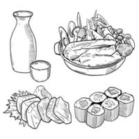 uppsättning av skiss och hand dragen japansk mat kök skull sukiyaki sashimi och sushi rulla vektor