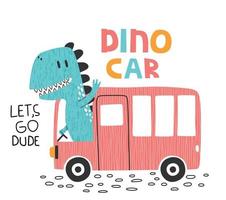Ute Dinosaurier mit Auto. T-Shirt-Grafiken für Kinder-Vektor-Illustration. vektor