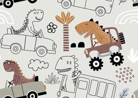 sömlös mönster med söt dinosaurie körning bilar. vektor