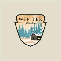 Kabine oder Häuschen im Winterlandschaft Emblem Logo Vektor Illustration Template Design. Schnee im Naturwaldbanner für Reisen oder Geschäftstourismus