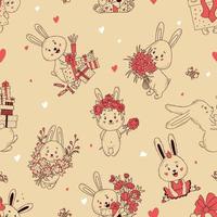 sömlös mönster med söt kanin karaktär. söt kaniner med gåvor och morötter, med bukett och blommig krans, ballerina hare på ljus bakgrund med hjärtan. vektor illustration.outline