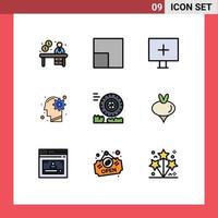 satz von 9 modernen ui-symbolen symbole zeichen für radreibungsviruslösung mind editierbare vektordesignelemente vektor