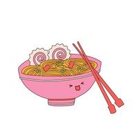 Ramen spaghetti skål söt tecknad serie maskot. asiatisk mat söt karaktär. vektor hand dragen kontur illustration isolerat på vit bakgrund.