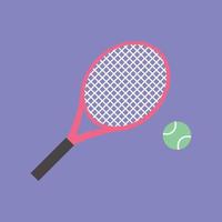 Tennisschläger mit einem Tennisball auf einem Tennisplatz isoliert auf violettem Hintergrund. Vektor und Illustration.