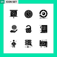 Packung mit 9 soliden Stil-Icon-Sets. Glyphensymbole für den Druck. kreative zeichen lokalisiert auf weißem hintergrund. 9 Symbolsatz. vektor